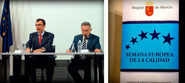 INMESOL participe à la célébration de la journée mondiale de la qualité 2 De gauche à droite : José Ballesta Germán, ministre régional de l’Industrie, l’Entreprise et la Recherche, et Pedro Jiménez Mompeán, directeur général en charge de l’Industrie, l’Énergie et les Mines.