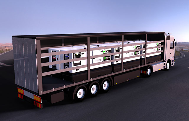 Infographie d’un camion de 40 pieds transportant 6 unités des modèles de groupes électrogènes IRN-165, IVRN-145 et IVRN-165